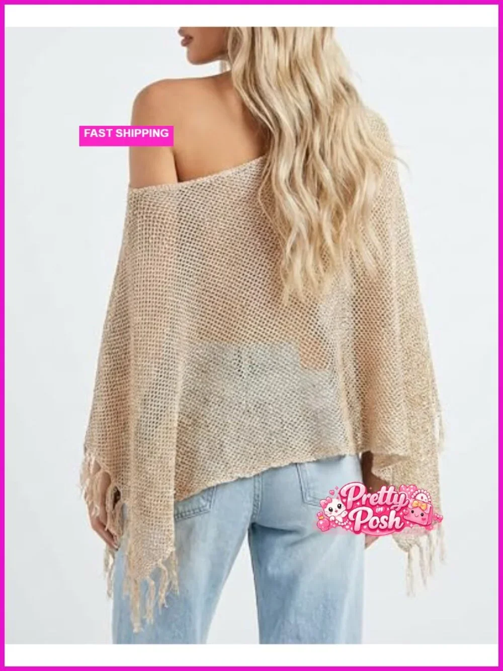 Sheer Knit Fringe Poncho Asymmetric One Shoulder Beach Cover Up
